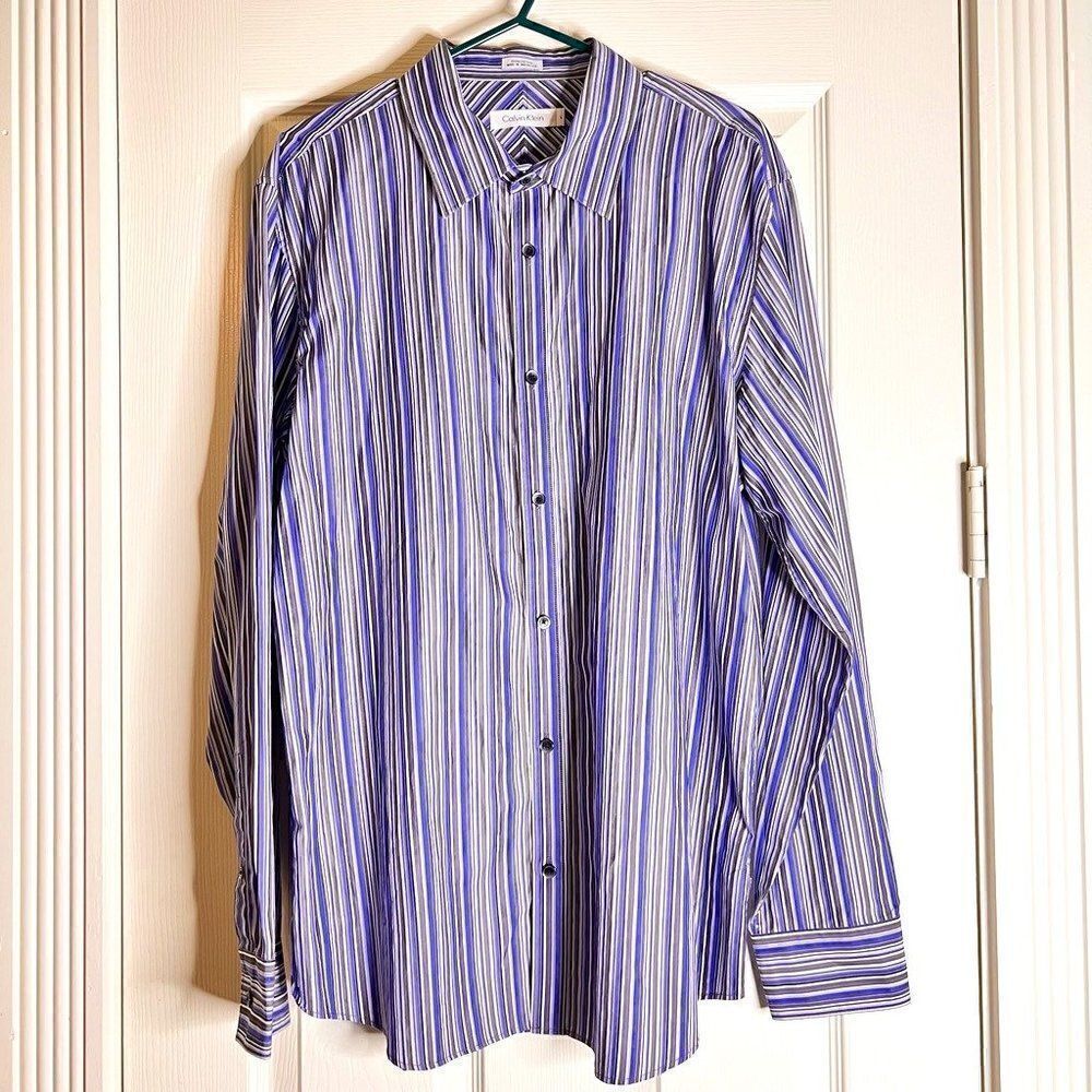 Calvin Klein Men's Long Sleeve Cotton Blue & Grey Striped Button Down Shirt sz L